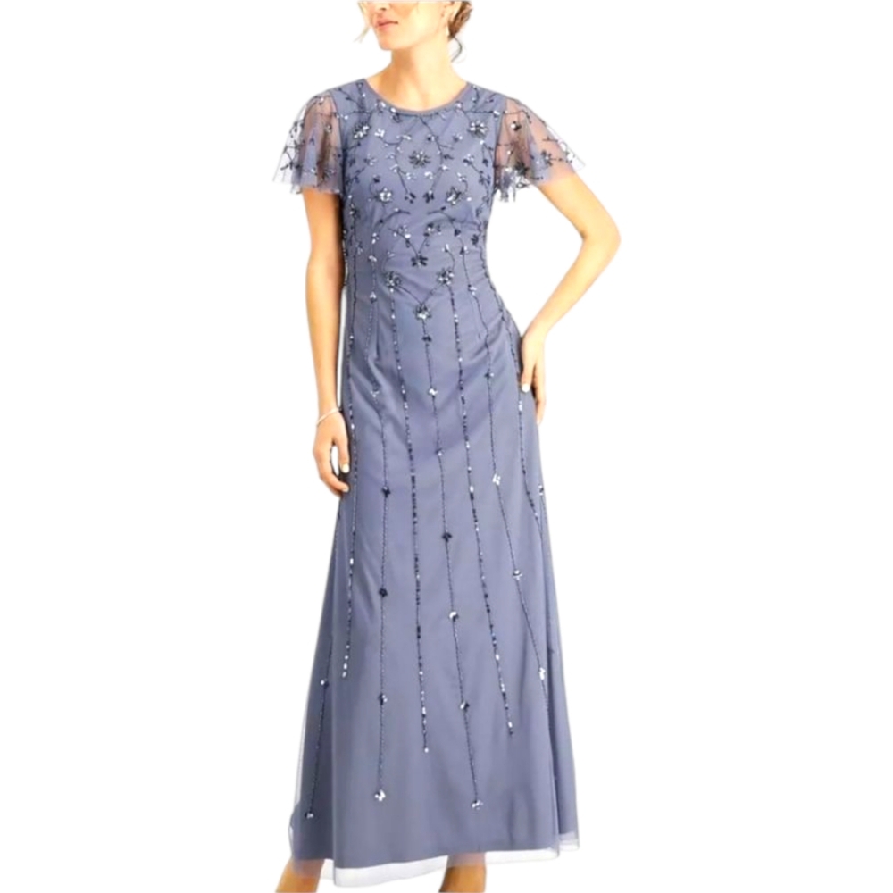 Adrianna Papell Women's Formal Dress Size 6 Dusty‎ Blue Beaded Short Sleeve Gown - Picture 11 of 17